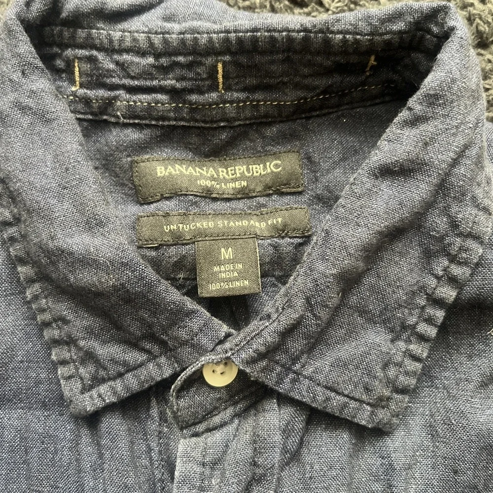 Banana Republic Linen Shirt Mens M Blue Untucked Standard Fit Casual Summer 0168